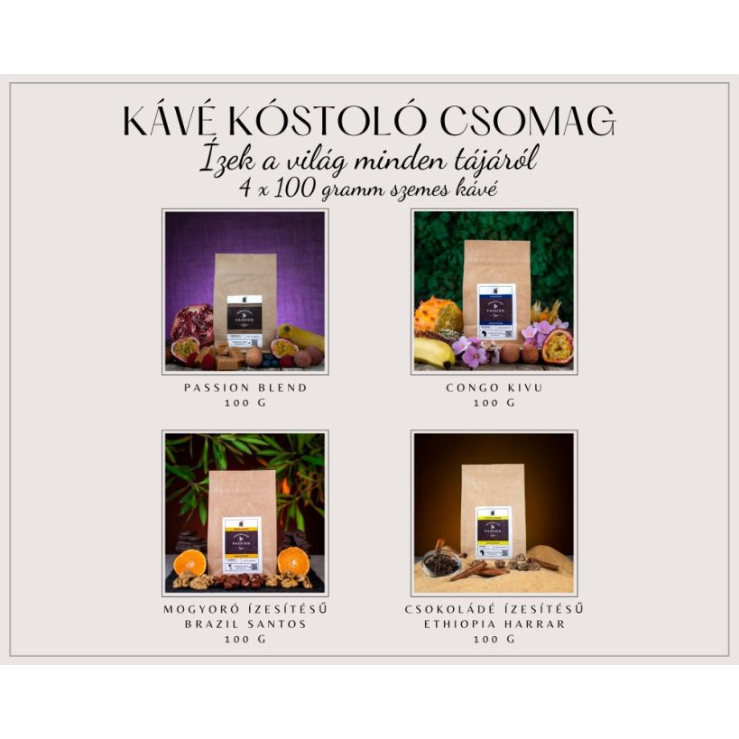 Passion IX. Szemes Kávéválogatás 4 × 100 g – Passion Blend, Congo Kivu, Brazil Santos és Ethiopia Harrar