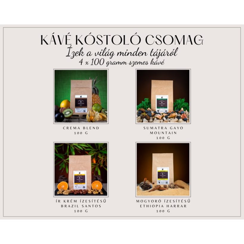 Passion X. Szemes Kávéválogatás 4 × 100 g – Crema Blend, Sumatra Gayo Mountain, Brazil Santos és Ethiopia Harrar