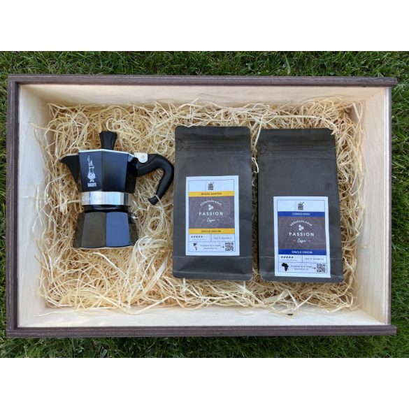 Szemes kávé ajándékcsomag egyszemélyes Bialetti Moka kotyogóval