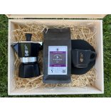 Szemes kávé ajándékcsomag egyszemélyes Bialetti Moka fekete kotyogóval és csészével